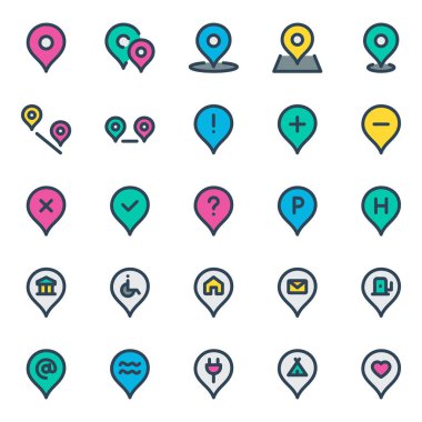 Konum iğneleri, işaretleyici, işaretleyici için doldurulmuş ana çizgi simgeleri.