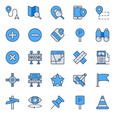 Harita ve navigasyon için doldurulmuş mavi dış hat simgeleri.