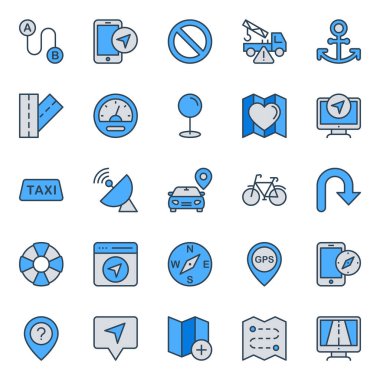 Harita ve navigasyon için doldurulmuş mavi dış hat simgeleri.