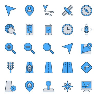 Harita ve navigasyon için doldurulmuş mavi dış hat simgeleri.