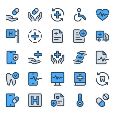 Tıbbi ve sağlık hizmetleri için doldurulmuş mavi dış hat simgeleri.