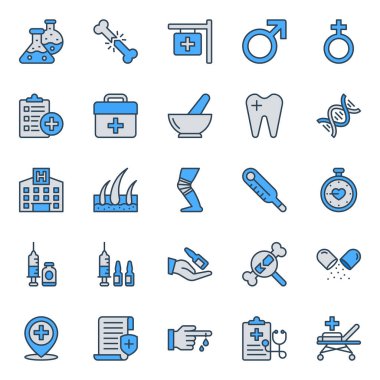 Tıbbi ve Sağlık için mavi taslak simgeleri ayarlandı.