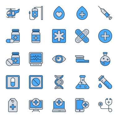 Tıbbi ve Sağlık için mavi taslak simgeleri ayarlandı.