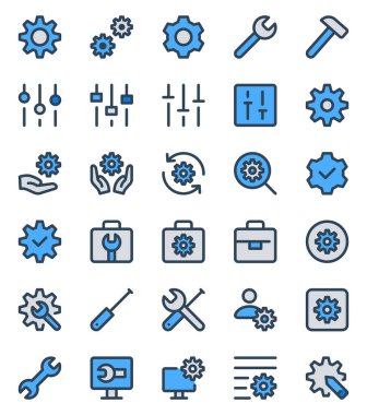 Ayarlar, dişliler, yapılandırma ve teknoloji için doldurulmuş mavi dış hat simgeleri.