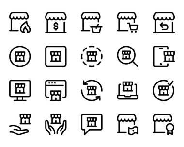 Dükkan, mağaza, pazar için taslak simgeleri ayarlandı.