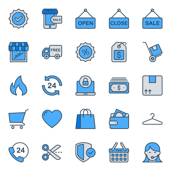 Filled blue outline icons set for Shopping e-Commerce.