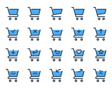 Alışveriş arabası için mavi taslak simgeleri ayarlandı.