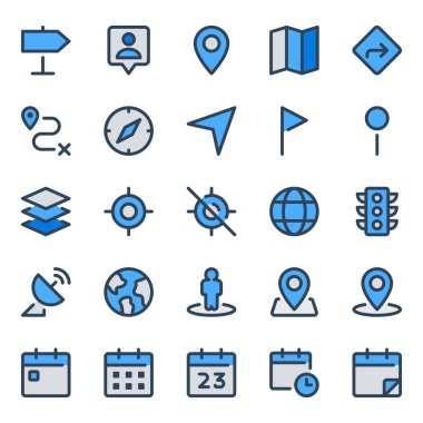 Zaman ve konum için doldurulmuş mavi özet simgeleri.