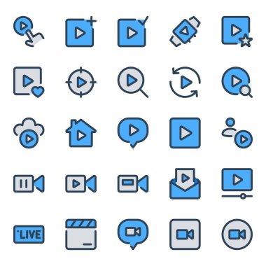 Video, oyuncu, çokluortam için mavi dış hat simgeleri.
