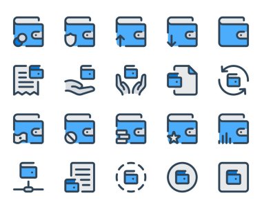 Cüzdan, cüzdan, tasarruf, nakit için mavi taslak simgeleri.