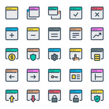 Filled outline icons set for Webpages, websites, browser, window. clipart