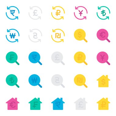 Para birimi ve finans için düz renk simgeleri ayarlandı.
