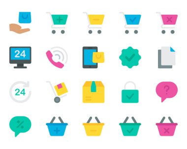 E-ticaret ve alışveriş için düz renk simgeleri ayarlandı.