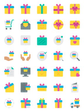 Hediye kutusu için düz renk simgeleri, mevcut, sürpriz.