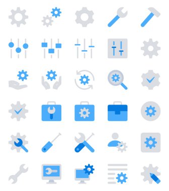 Ayarlar, dişliler, yapılandırma ve teknoloji için mavi renk simgeleri ayarlandı.
