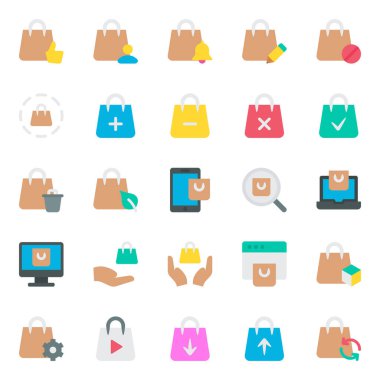 Alışveriş torbası için düz renk simgeleri ayarlandı.