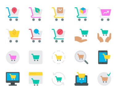 Alışveriş arabası için düz renk simgeleri ayarlandı.