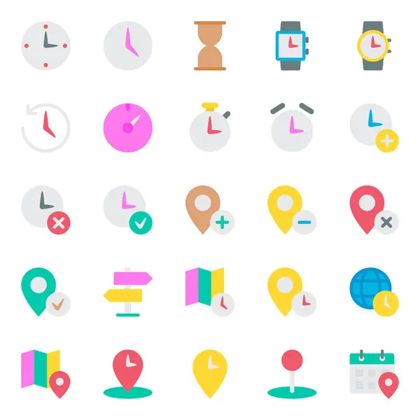 Zaman ve konum için düz renk simgeleri ayarlandı.