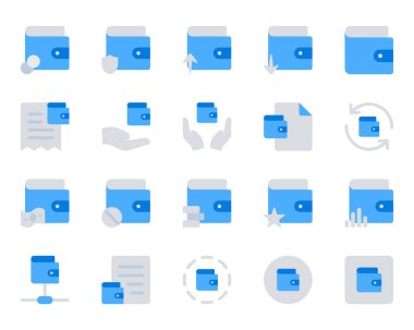 Cüzdan, cüzdan, tasarruf, nakit için mavi renk simgeleri ayarlandı.