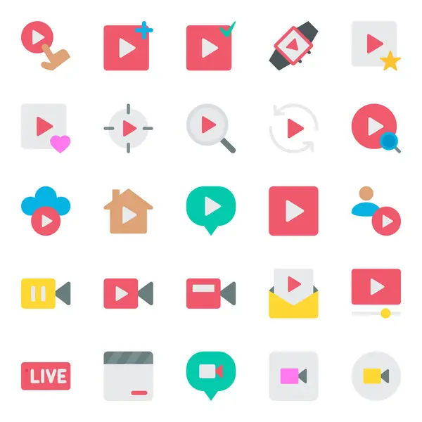 Video, oyuncu, multimedya için düz renk simgeleri ayarlandı.