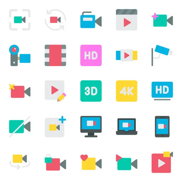 Video, oyuncu, multimedya için düz renk simgeleri ayarlandı.
