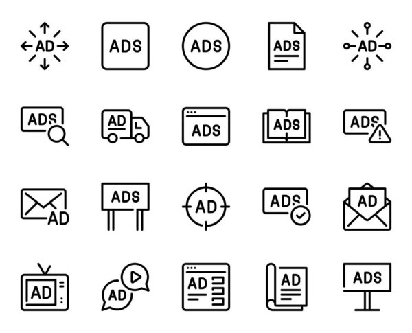 Outline icons set for Ads marketing