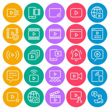 Circle color outline icons set for Video play