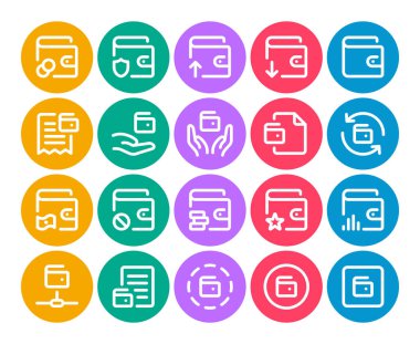 Cüzdan, cüzdan, tasarruf, nakit için çember renk özeti simgeleri ayarlandı.