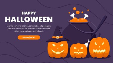 Cadılar Bayramı mor arka planı ve üç turuncu Cadılar Bayramı kabağı. Cadının kazanındaki kemikler. Cadı süpürgesi. Kopya alanı ile vektör ilüstrasyonu..