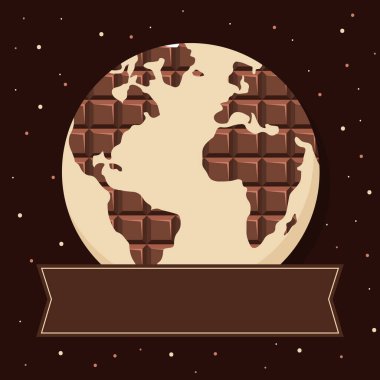 Çikolata kareleriyle dokulu bir kürenin tasviri hoşgörü ve küresel bağlantıyı sembolize ediyor. Dekoratif bir pankart eklendi, özelleştirilebilir kullanım için mükemmel.