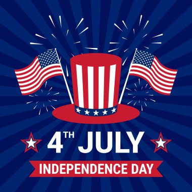 4 Temmuz bağımsızlık günü için vatansever bir poster. Posterde üzerinde iki Amerikan bayrağı olan bir şapka ve kırmızı-beyaz bir şapka yer alıyor.