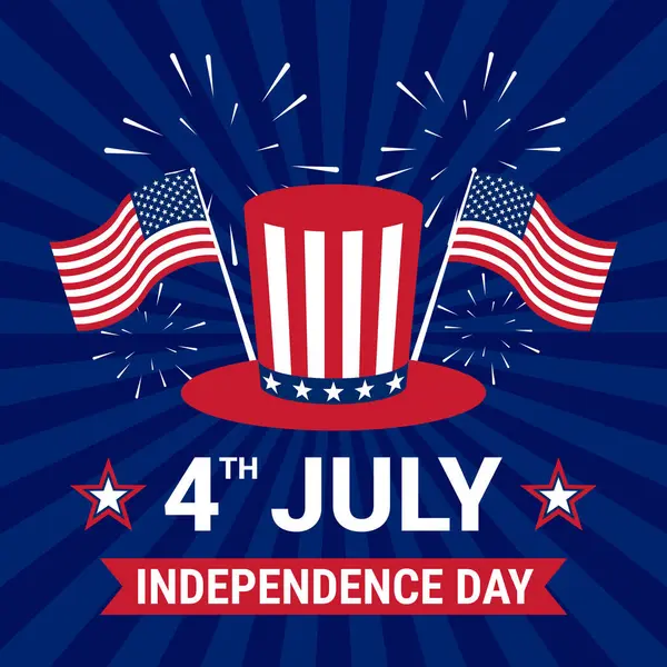 4 Temmuz bağımsızlık günü için vatansever bir poster. Posterde üzerinde iki Amerikan bayrağı olan bir şapka ve kırmızı-beyaz bir şapka yer alıyor.