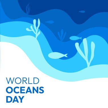 Dünya Okyanus Günü. Poster mavi ve beyaz. Balık ve bitkilerle dolu mavi bir okyanusa sahiptir.