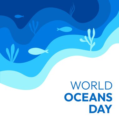 Dünya Okyanus Günü. Poster mavi ve beyaz. Balıklı ve yosunlu mavi bir okyanusu var.