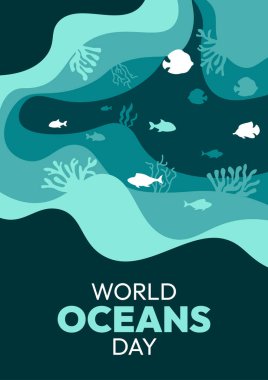 Dünya Okyanus Günü. Posterde içinde balıkların yüzdüğü mavi bir okyanus var.