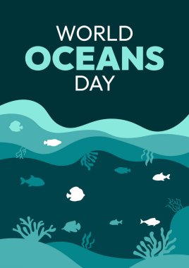 Dünya Okyanus Günü. Poster mavidir ve çeşitli balık ve diğer deniz canlılarına sahiptir.