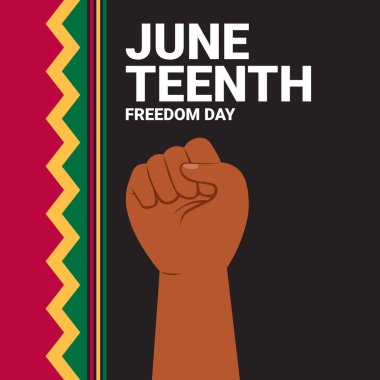 Juneteenth Özgürlük Günü yazan posterde yumruğu olan bir el. Poster siyah beyaz.