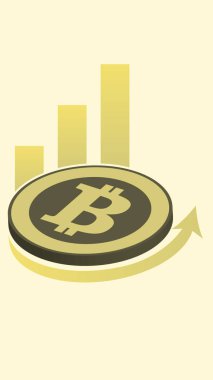 Yükselen ok ve çubuk grafiğinin yanına yerleştirilen Bitcoin sembolü kripto para biriminin artışını simgeliyor. Bu resim finans, yatırım ve kripto para birimi büyümesini içeren konular için idealdir.