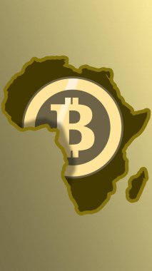 Afrika haritasında Bitcoin logosunu gösteren bir resim. Afrika bağlamında kripto para birimi, engelleme teknolojisi ve dijital finans gibi kavramları temsil eder.