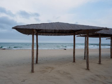 Denizin kumlu sahilinde boş ahşap şemsiyeler