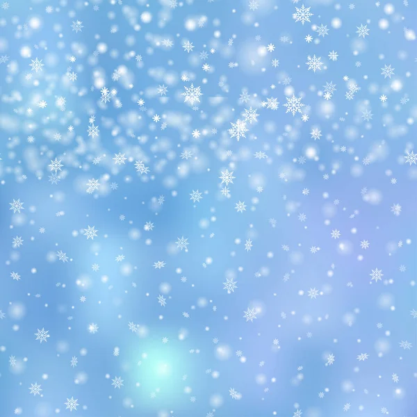 Winter Snowfall Snowflakes Light Blue Background Xmas New Year Background — Vetor de Stock