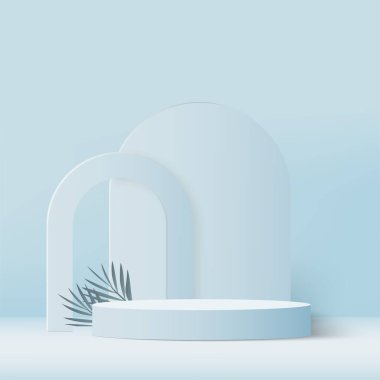 3D mavi renkli podyum ve en az mavi renkli duvar sahnesi. 3D podyum, soyut arkaplan. Vektör illüstrasyonu