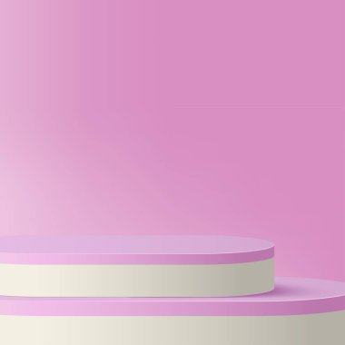 Pembe renkli geometrik üç boyutlu podyumlarla soyut arkaplan. Vektör illüstrasyonu.