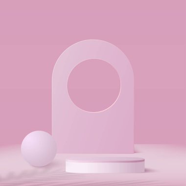 Pembe renkli geometrik üç boyutlu podyumlarla soyut arkaplan. Vektör illüstrasyonu.