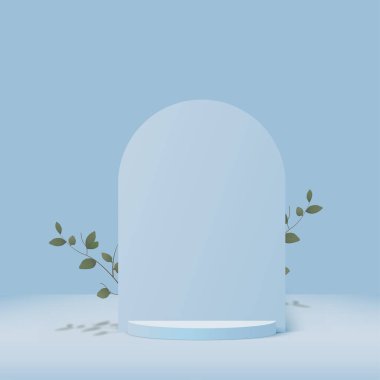 3D mavi renkli podyum ve en az mavi renkli duvar sahnesi. 3D podyum, soyut arkaplan. Vektör illüstrasyonu