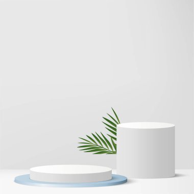 3d white color podium and minimal white color wall scene. 3d podium minimal abstract background. Pastel color abstract room design. Vector illustration