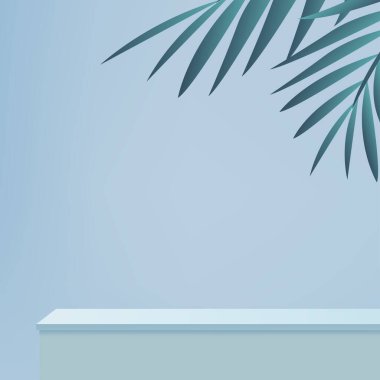 3d blue color podium and minimal blue color wall scene. 3d podium minimal abstract background. Pastel color abstract room design. Vector illustration