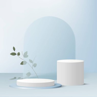 3d blue color podium and minimal blue color wall scene. 3d podium minimal abstract background. Pastel color abstract room design. Vector illustration