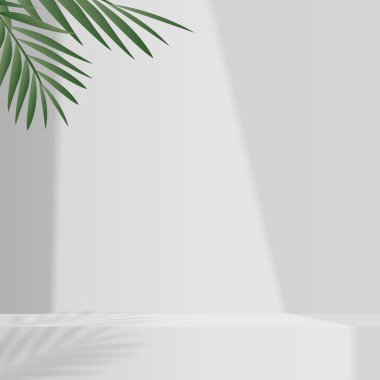 3d white color podium and minimal white color wall scene. 3d podium minimal abstract background. Pastel color abstract room design. Vector illustration