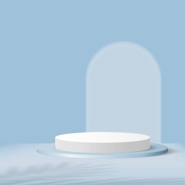 3d blue color podium and minimal blue color wall scene. 3d podium minimal abstract background. Pastel color abstract room design. Vector illustration